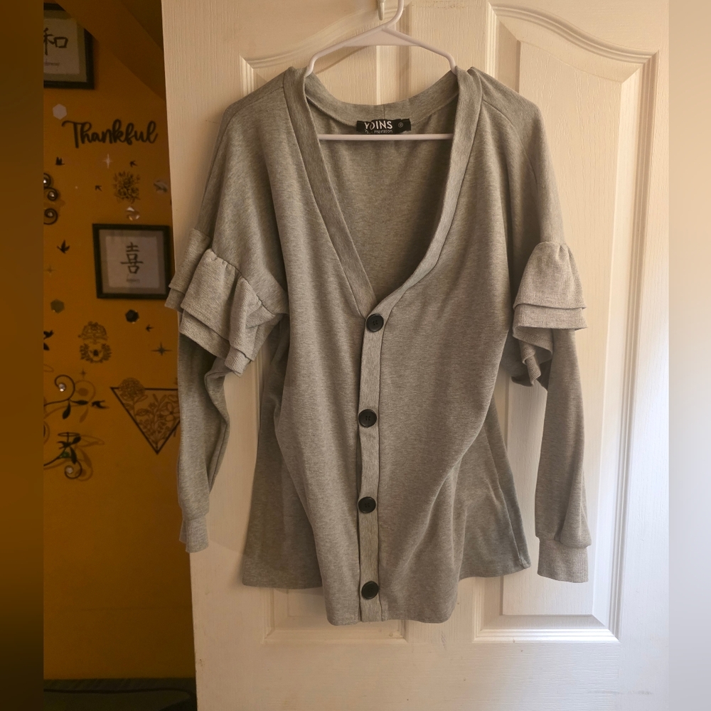 YOINS Light Gray Ruffle Sleeve Button Cardigan